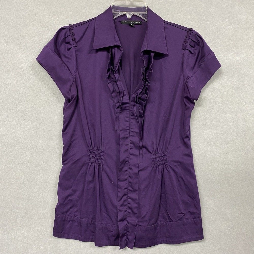 Antonio Melani Women M Blouse Purple Ruffle V Neck Y2K Girly Smocked Waist Top